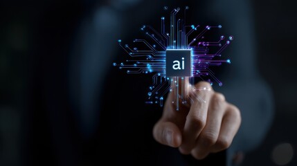 Fototapeta premium Artificial Intelligence AI concept with human finger touching digital circuit chip