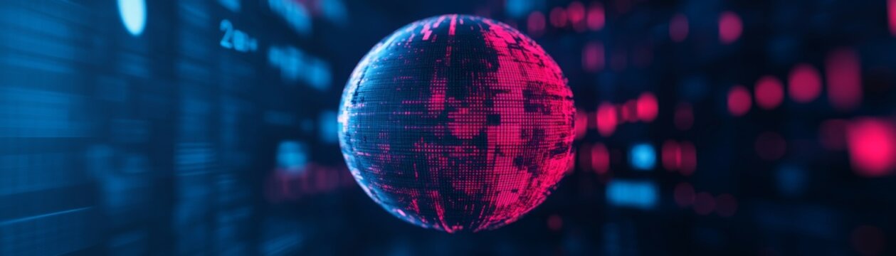Image A central, vertically oriented ovalellipsoid object with a complex, digitalcircuit-like texture (pinkred glow). The background consists of blurred, glowing blue and pink