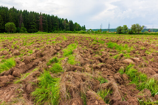 Moldboard plowing of an overgrown field with rough soil furrows and patches of green grass under a cloudy summer sky in the countryside