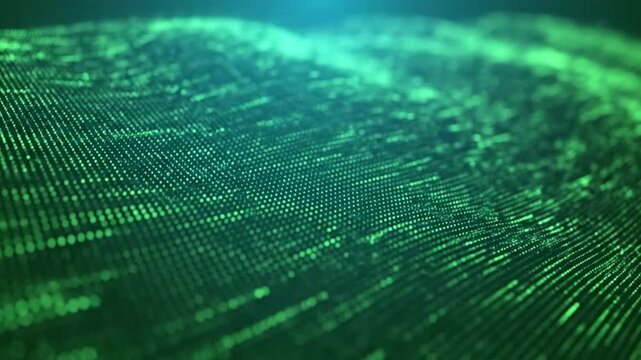 Abstract digital data matrix of green dots moving in a flowing wave on a dark background.