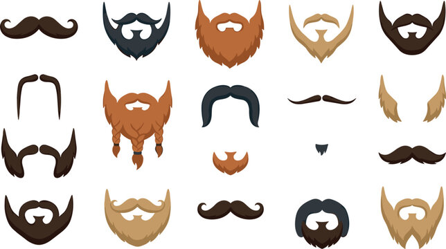 Male Beard and Mustache Style Vector Set Featuring Diverse Facial Hair Cuts, Braided Viking Beard, and Vintage Whiskers for Barber Shop Graphic Designs