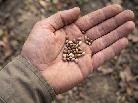 Close-up palm holding mixed seeds, earthy tones, sharp center focus, soft daylight, ultra-realistic gardening lifestyle macro.