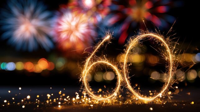 Bright and festive sparkling light forming the number sixty with colorful fireworks bursting in the night background celebrating a special anniversary or milestone e