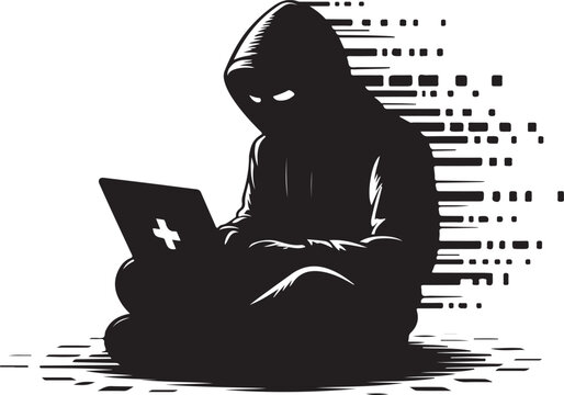 Hacker working on laptop with digital background