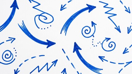 Obraz premium Hand drawn blue ink arrows and swirls scattered across a clean white textured paper background