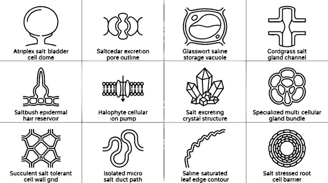 Scientific diagram of halophyte plant cell structures and salt excretion mechanisms in black line art.