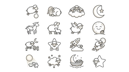 Fototapeta premium Assorted sheep icons with rockets and night symbols.