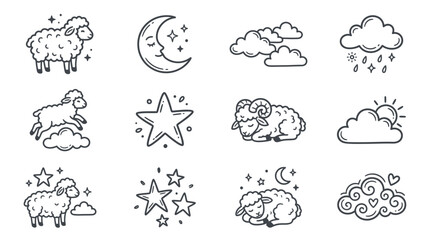 Fototapeta premium Bedtime sheep and celestial weather outline icons