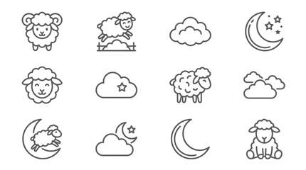 Obraz premium Bold line sheep and moon icon collection.