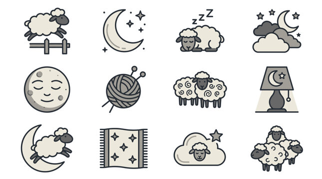 Bedtime sheep yarn and home comfort icon collection