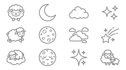 Fototapeta premium Cute sheep and moon phases outline icon set