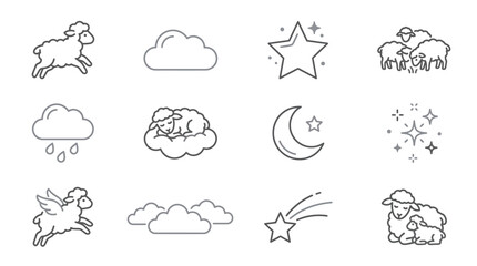 Obraz premium Delicate sheep and cloud line art icon set.