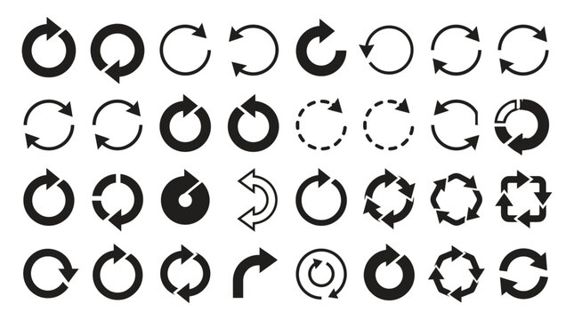 Collection of various black circular arrow icons on for business or design use on white background