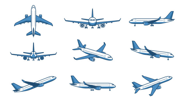 Collection of various airplanes in different flying positions and angles