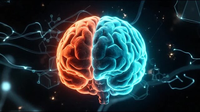 Glowing digital brain with orange and blue hemispheres.