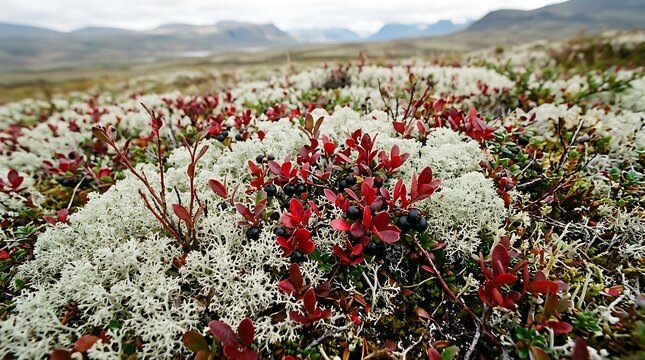 Arctic tundra landscape with crowberries and reindeer lichen in autumn