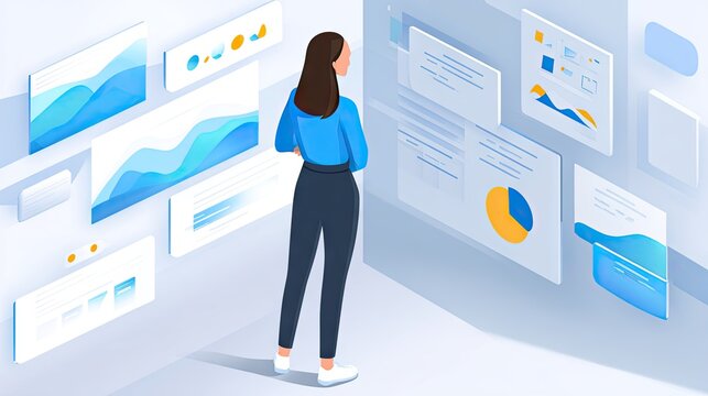 Woman viewing wall of digital data interfaces.