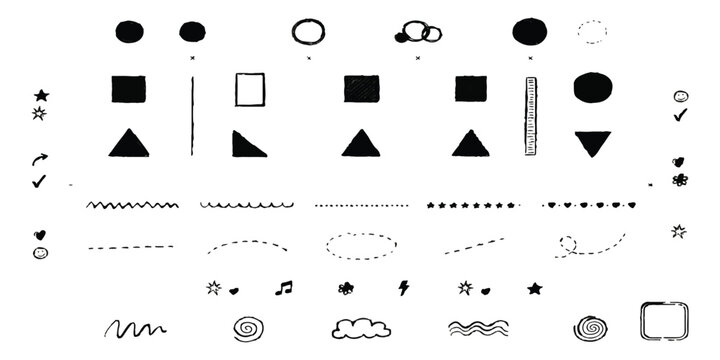 Set of hand drawn doodle shapes lines and geometric elements for bullet journal and scrapbooking
