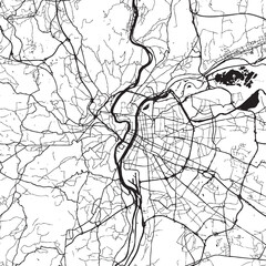 Obraz premium A detailed black line map displays streets and roads of a city with a river running through it.