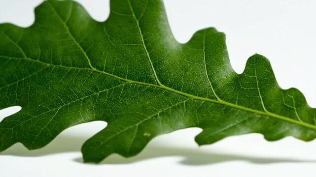 Close up view of a vibrant green oak leaf against a clean white background