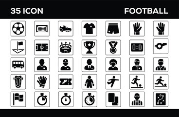 Football glyph vector icon set, 35 soccer sports icons featuring football ball, goal, cleat, jersey, shorts, goalkeeper gloves, corner flag, field, stadium, trophy, medal, scoreboard, referee whistle, © Shanta Akter Ahk
