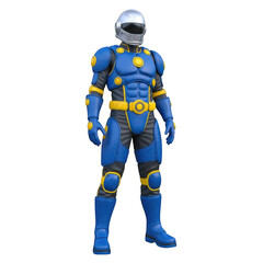 Fototapeta premium Dynamic action hero in futuristic blue and yellow armor suit isolated on transparent background