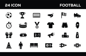 Football glyph vector icon set, 24 soccer sports icons featuring football ball, championship trophy, goal, referee whistle, corner flag, football boot, stopwatch, stadium, medal, jersey, shorts, shin  © Shanta Akter Ahk