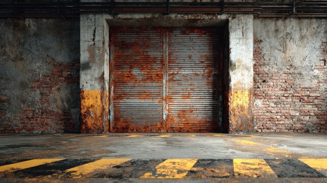 Grungy industrial setting with rusty metal roller doors and warning stripes on concrete and brick walls