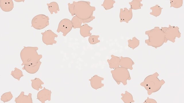 Toon style 3d animation of pink piggy banks falling on a white background representing savings and finance