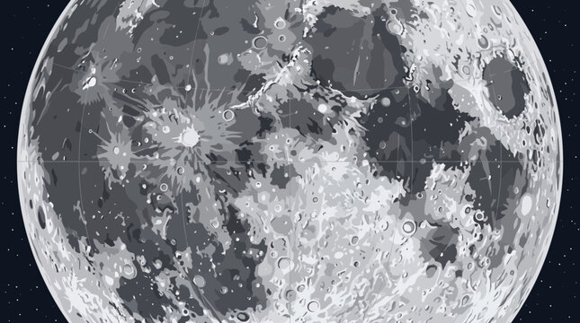 Detailed vector illustration of the full moon surface with realistic craters and lunar landmarks against a dark starry background