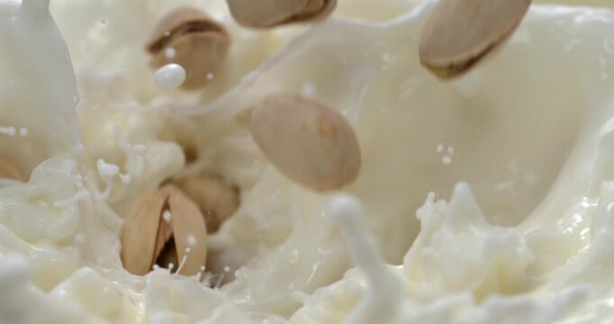 Pistachios falling into milk with splash in super slow motion