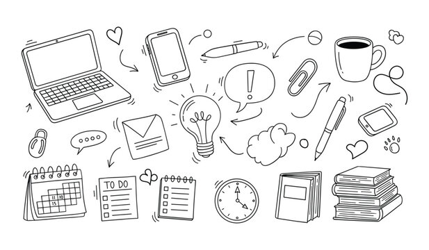 Black and white office supplies doodle set with laptop smartphone and stationery elements
