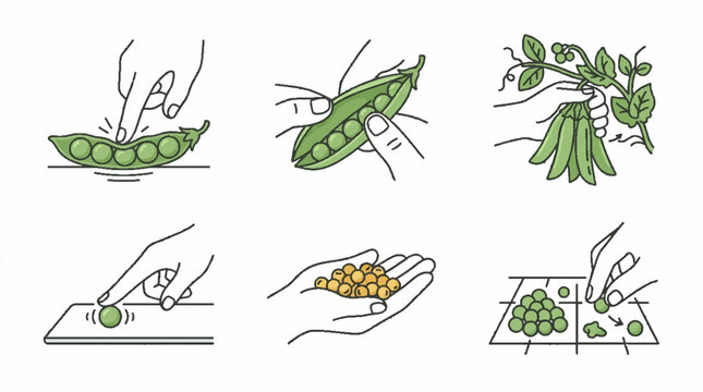 Hand drawn illustration set showing steps for harvesting and shelling fresh green peas from the pod.