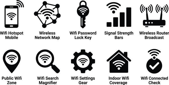 Set of ten solid vector wifi icons for wireless network connectivity signal and mobile data communication.