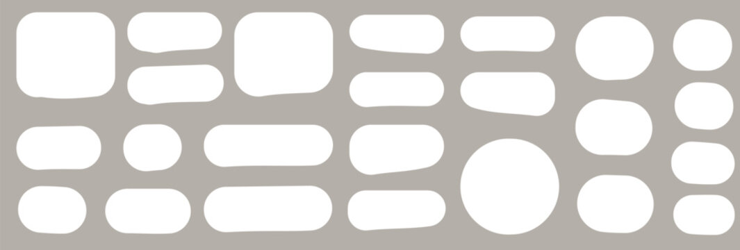 Set of rounded rectangular and circular white paper stickers on grey isolated background.
