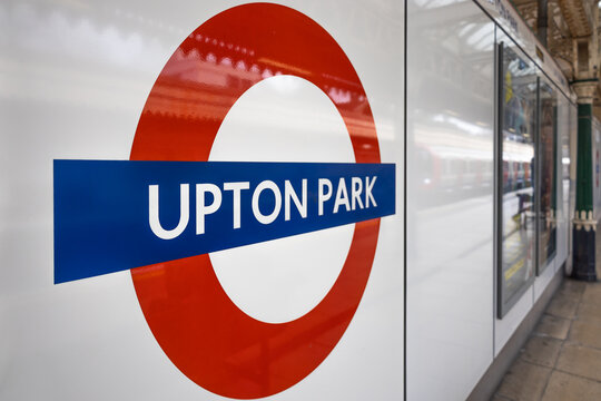 London Underground roundel sign at Upton Park station. London, UK, 14 January 2024