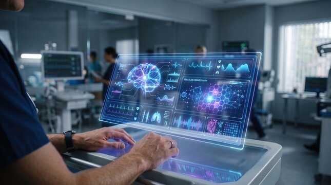 Man in blue shirt interacting with brain-shaped touchscreen interface in modern medical office
