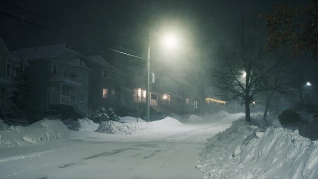 A powerful snowstorm sweeps through Beechville, Halifax, as strong winds and snow create towering drifts, blocking roads and sidewalks in the quiet suburb of Canada during the night