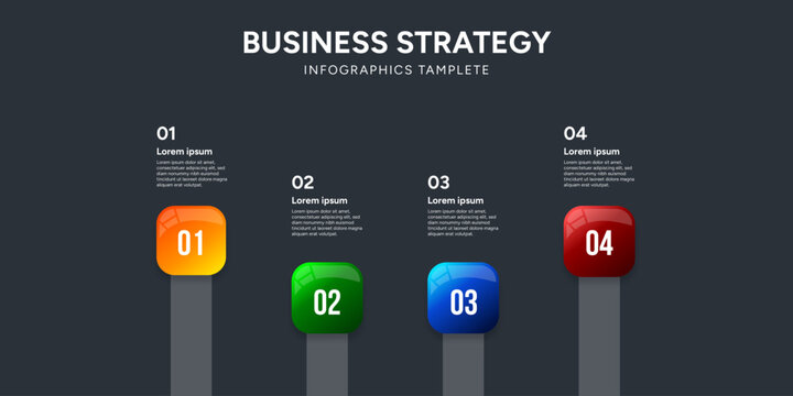 Modern 4-Step Business Strategy Infographic Template with Colorful Glossy 3D Buttons on Dark Background