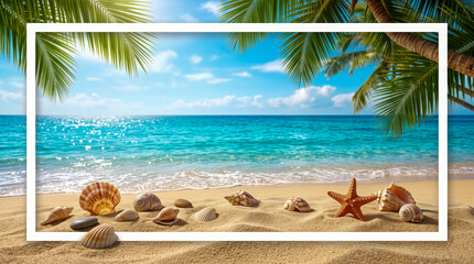 Obraz premium Marco vacío elaborado con conchas marinas, estrellas de mar y arena dorada. Fondo de playa tropical iluminada por el sol del verano. Espacio central amplio para personalización. Fotografía publicitari