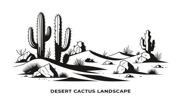 Very beautiful black and white vector of a DESERT CACTUS LANDSCAPE with a bold label reading "DESERT CACTUS LANDSCAPE", featuring towering cacti, rolling sand dunes, scattered rocks, desert shrubs, an