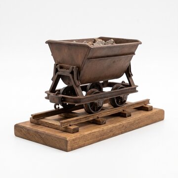 Old mining cart filled with rocks on wooden tracks, rock cart
