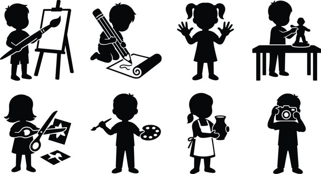 Children Creative Arts and Crafts Activities Vector Silhouette Collection Isolated on White Background