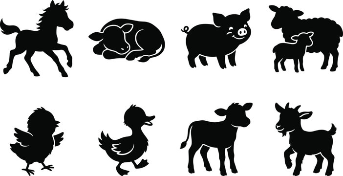 Cute baby farm animal black silhouette vector icon set featuring foal piglet lamb and chick