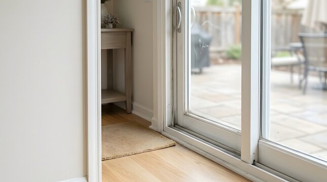 Dust buildup along sliding door frame in bright home interior