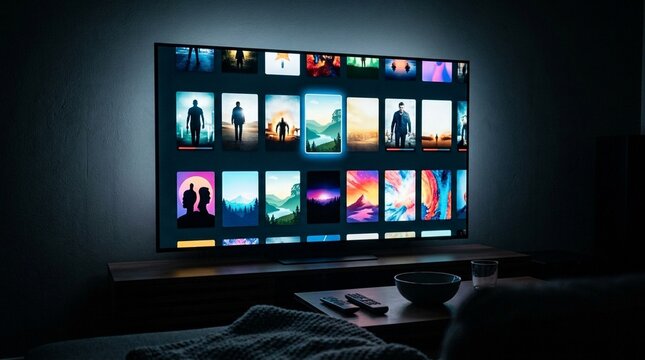 Streaming Service Interface on Smart TV in Dark Living Room &mdash; Entertainment Binge Watching Concept