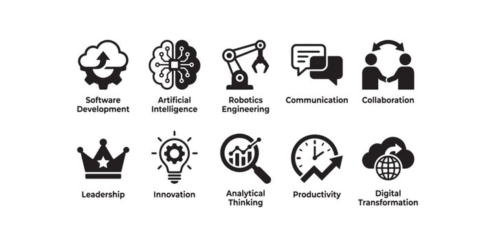 Business icons for software development, leadership, and digital transformation concepts