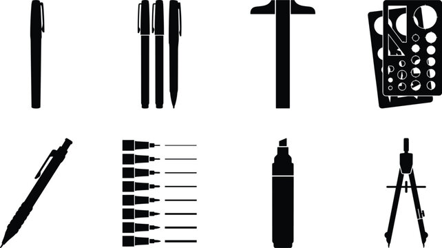 Professional drafting and technical drawing stationery icon set featuring precision pens and tools