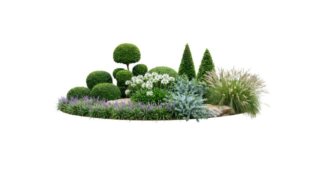 Lush green garden display with topiaries and flowers.