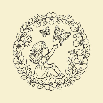 floral circular black outline embroidery design